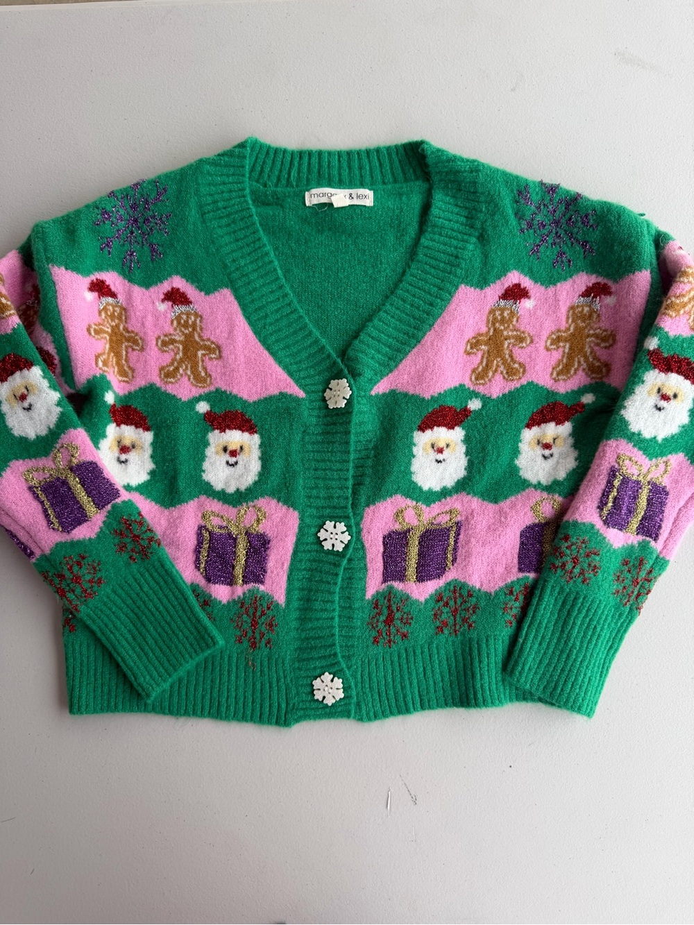 Margaux Green & Pink Kids Holiday Cardigan with Santa and Gingerbread